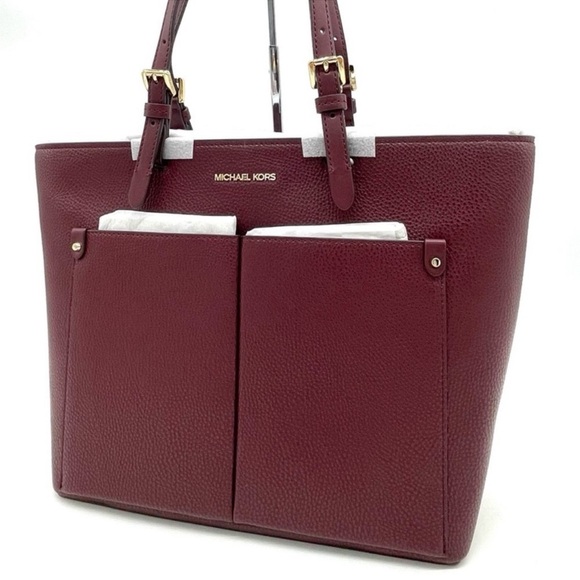 Michael Kors Jet Set Medium Pocket Tote Bag Ruby Red Leather - Picture 1 of 11